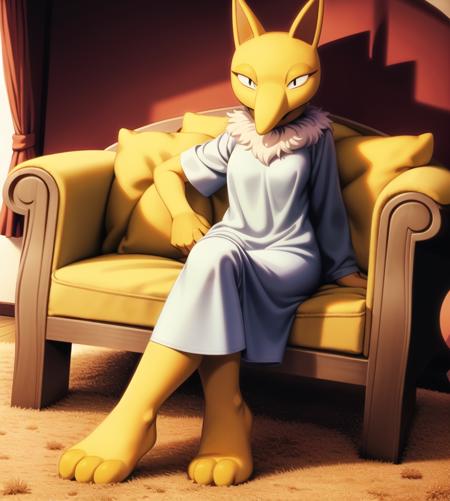 00012-3943710348-hypno, yellow body, long nose, white fur, pointed ears,  slit pupils, , tall, female, full body, living room, sitting, in armcha.png